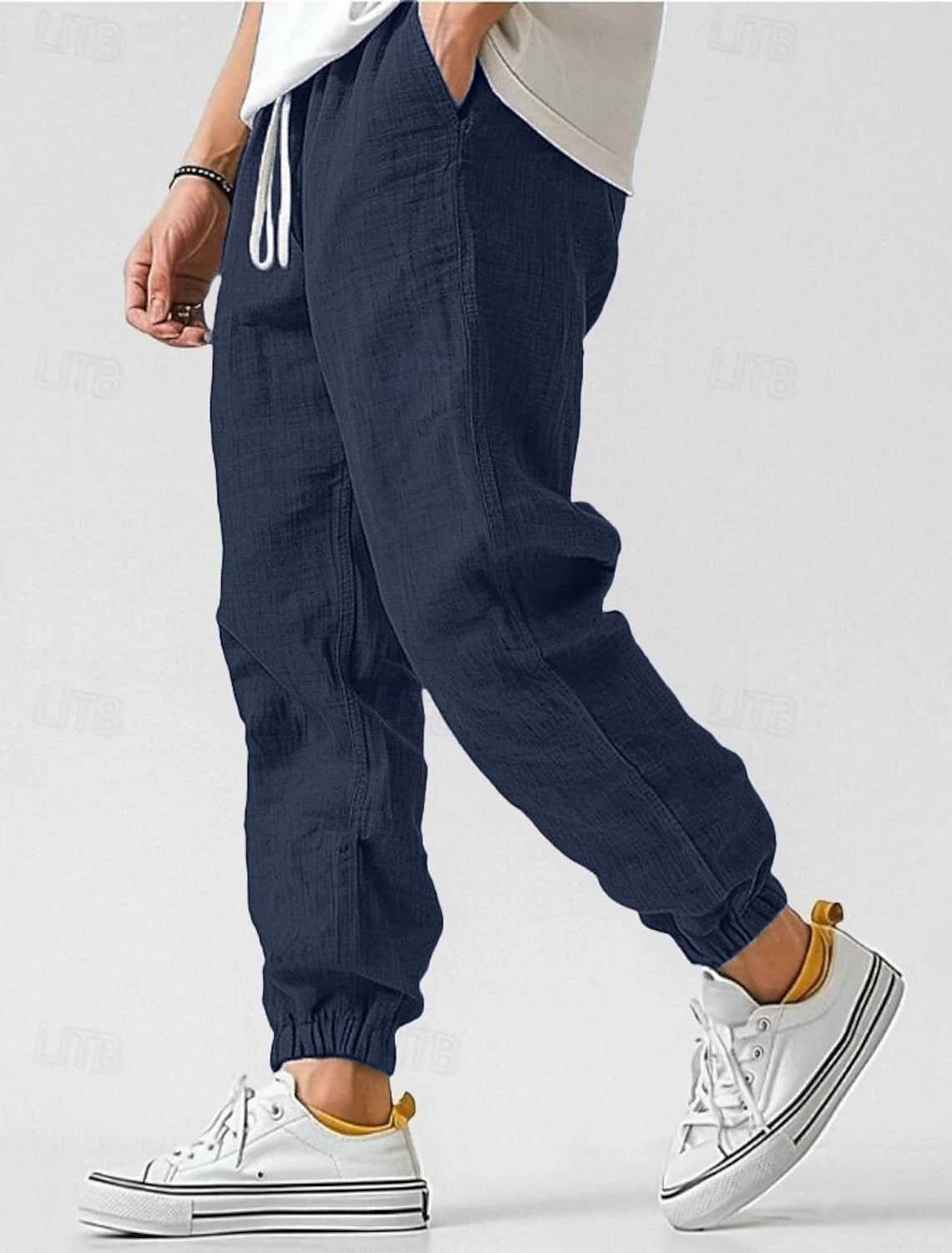 Men's Jogger Pants Linen Fabric Ribbed Cuff