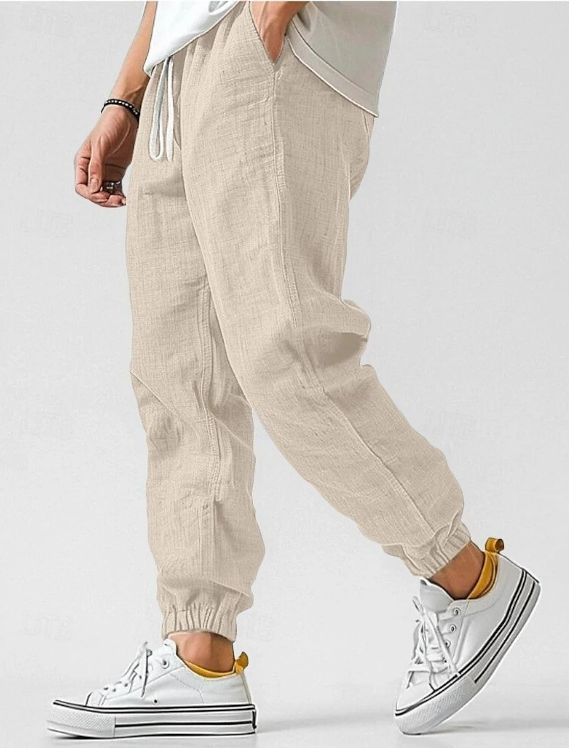 Men's Jogger Pants Linen Fabric Ribbed Cuff