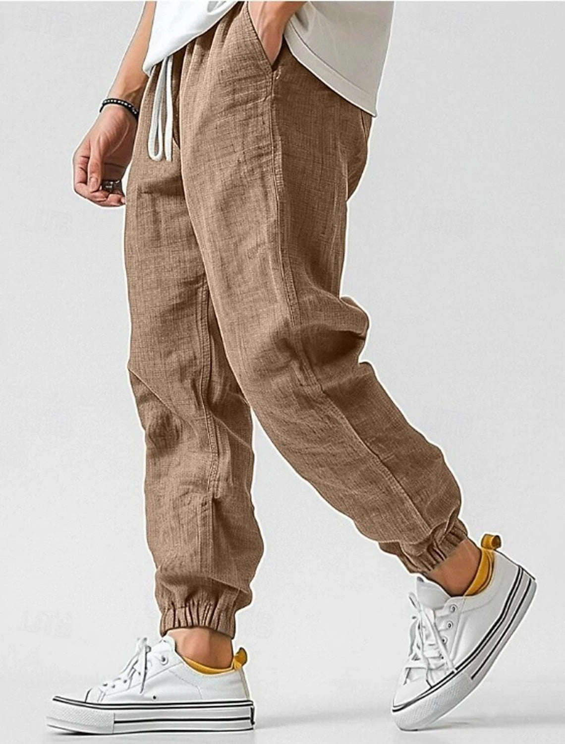 Men's Jogger Pants Linen Fabric Ribbed Cuff