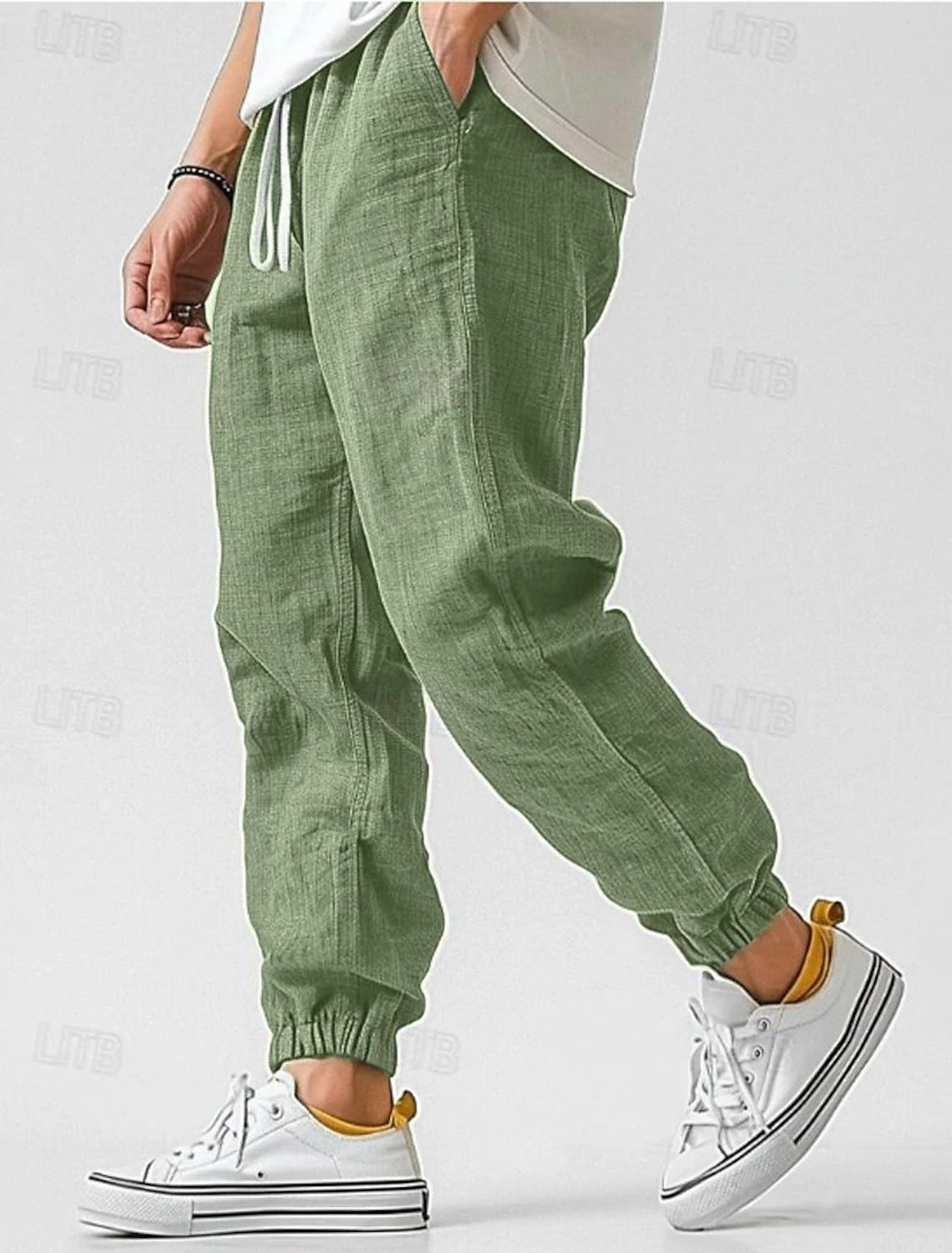 Men's Jogger Pants Linen Fabric Ribbed Cuff