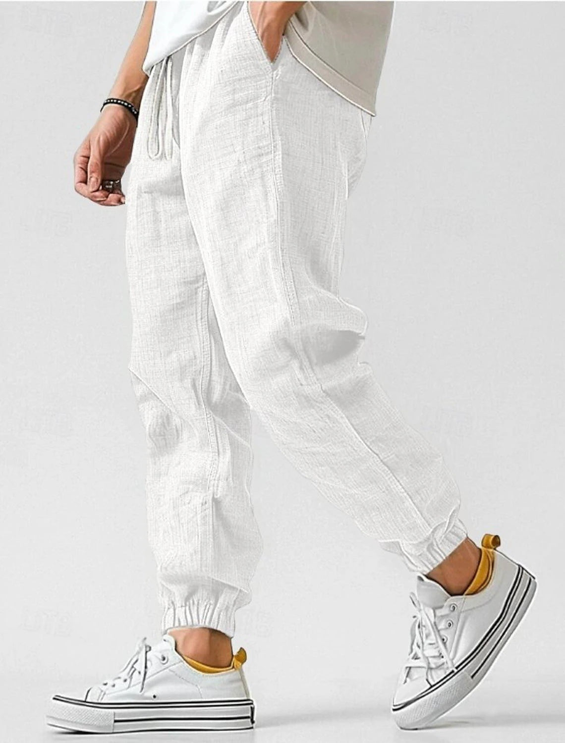 Men's Jogger Pants Linen Fabric Ribbed Cuff