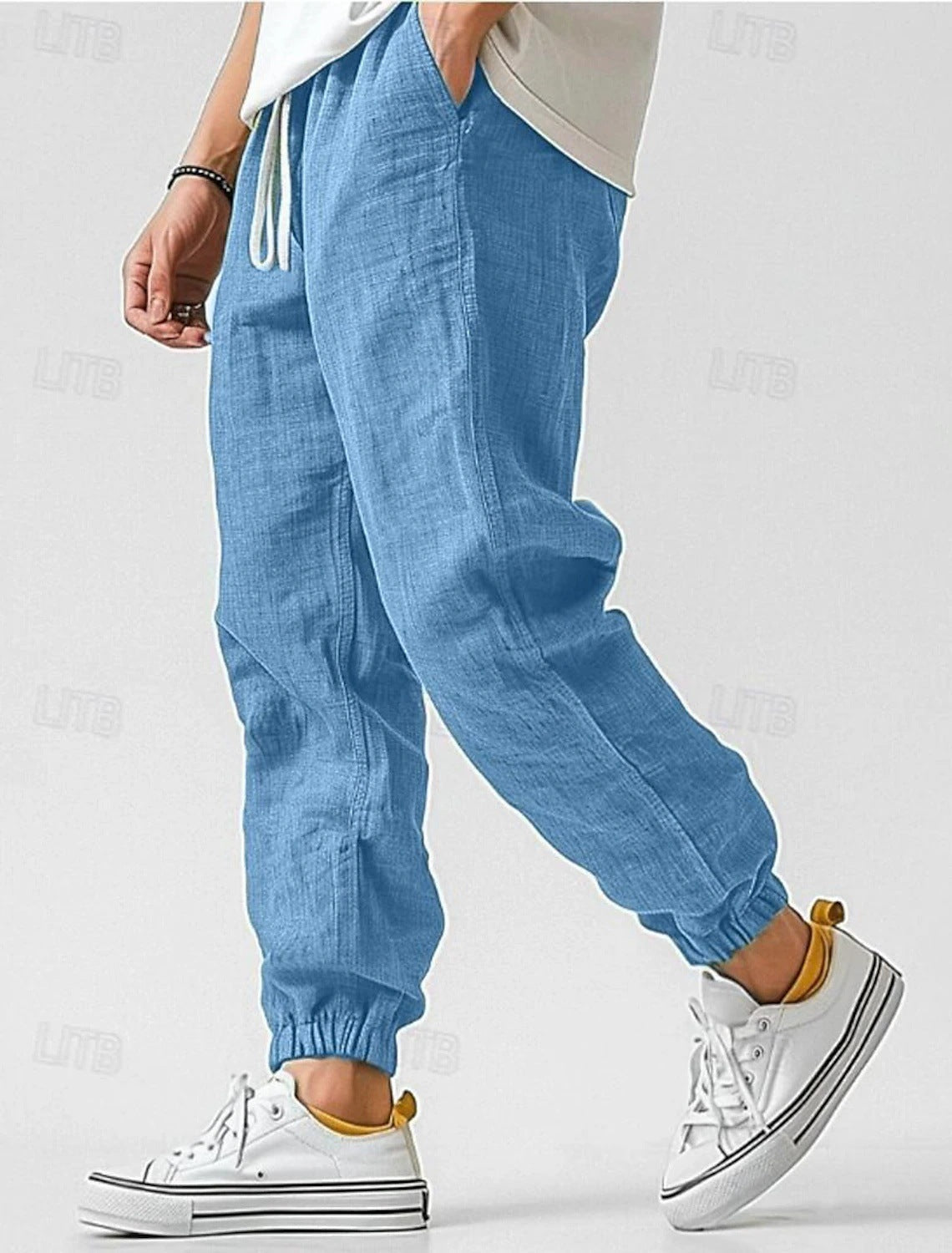 Men's Jogger Pants Linen Fabric Ribbed Cuff