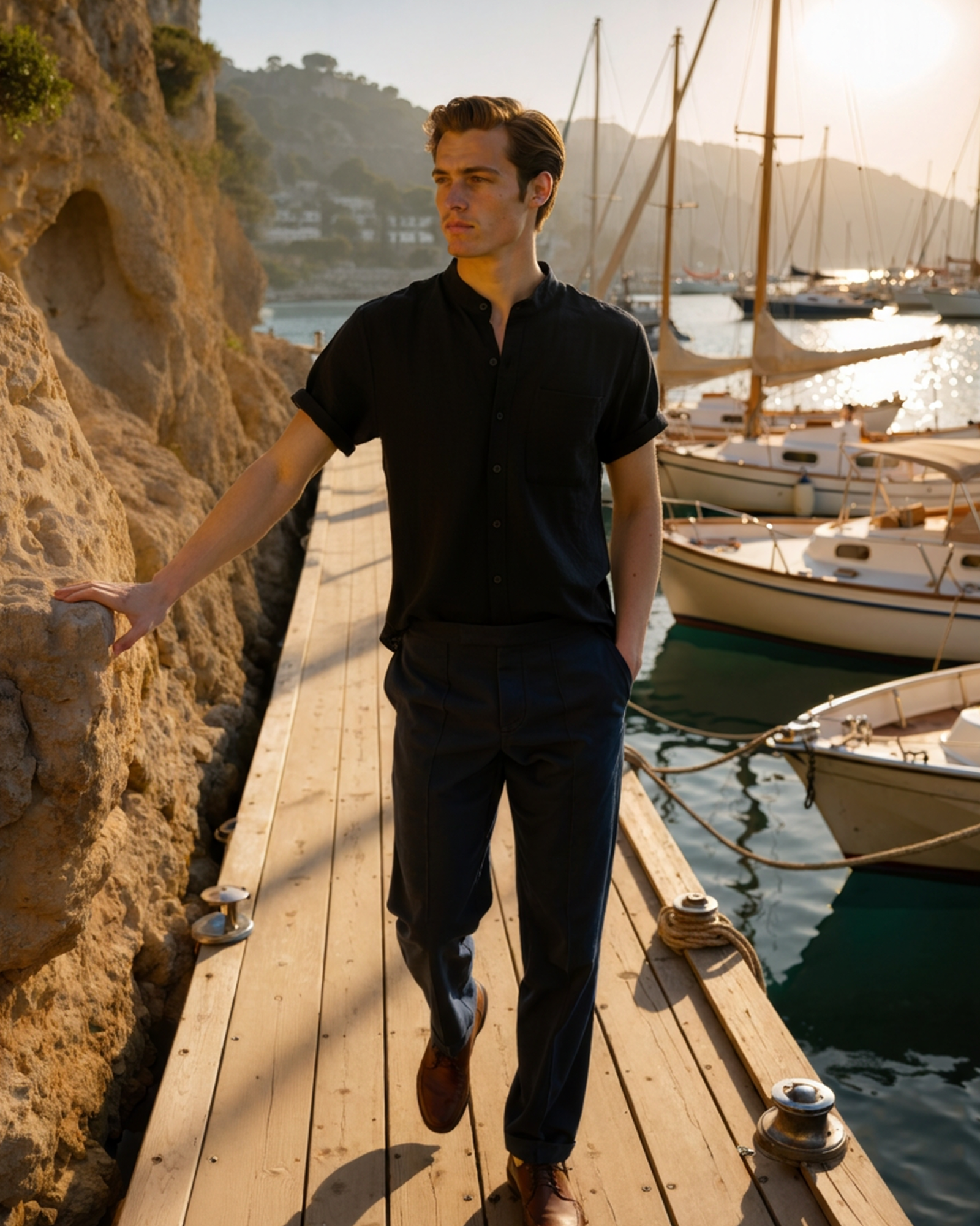 Shirt Cotton Blend Mandarin Collar Short Sleeve