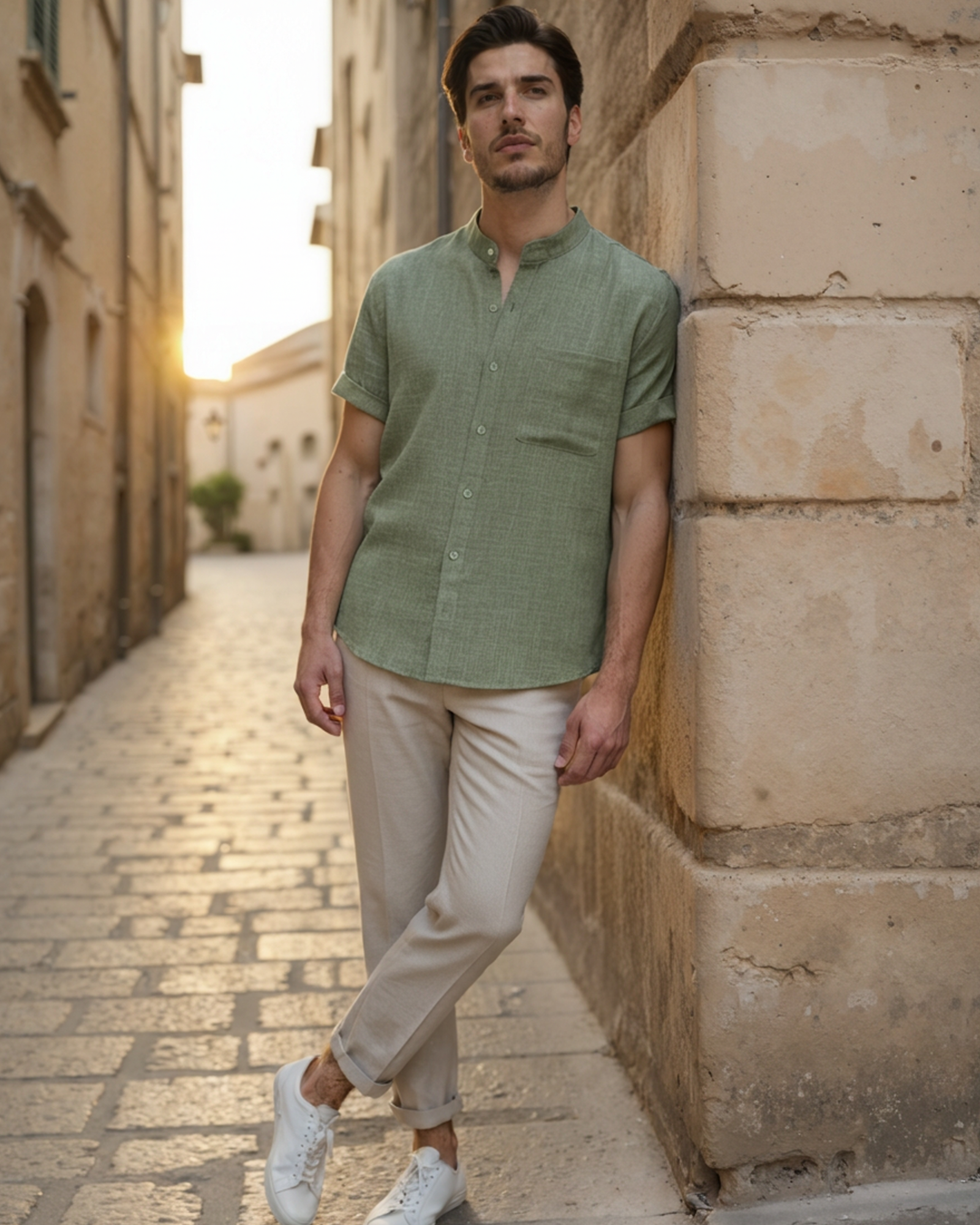 Shirt Cotton Blend Mandarin Collar Short Sleeve
