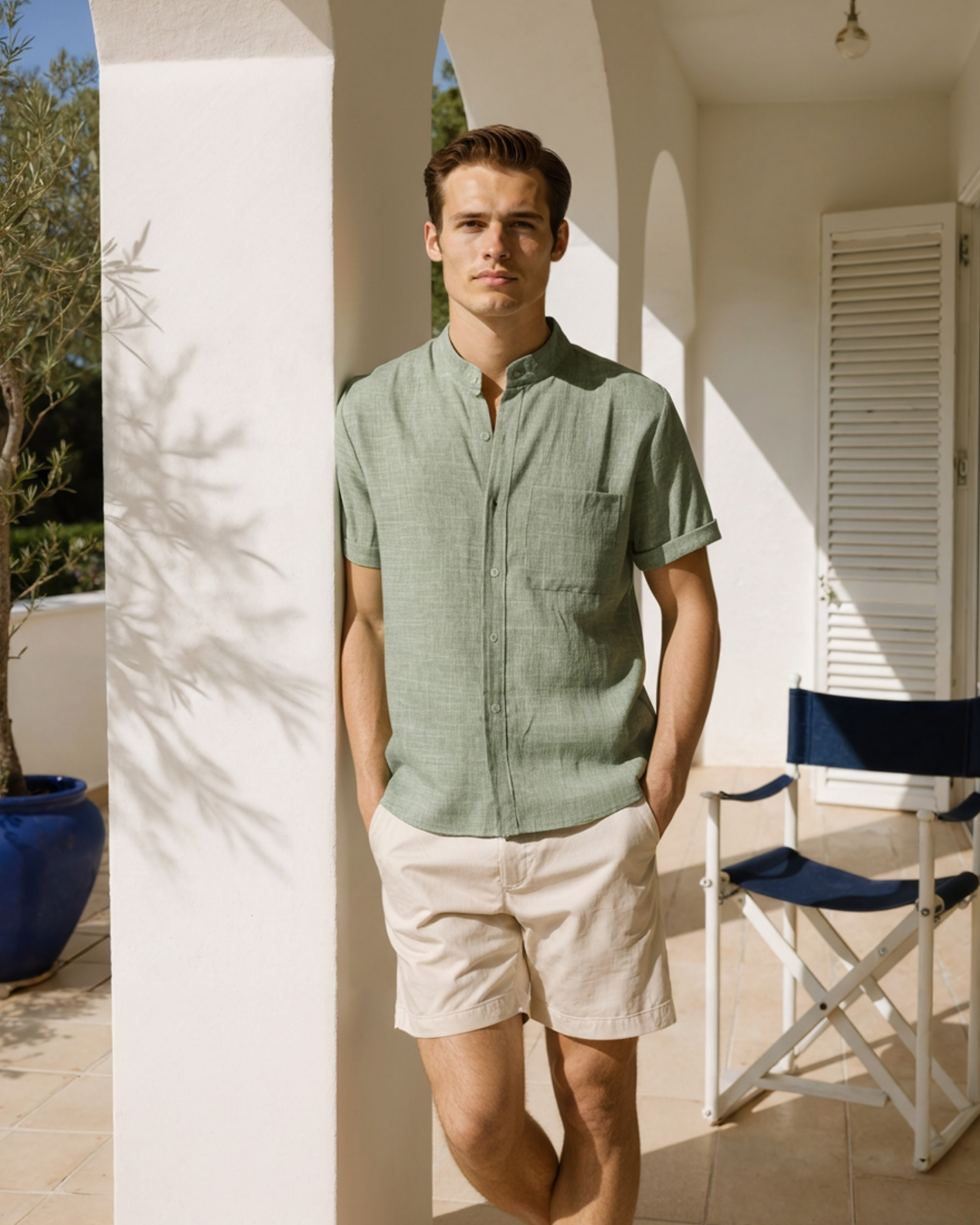 Shirt Cotton Blend Mandarin Collar Short Sleeve