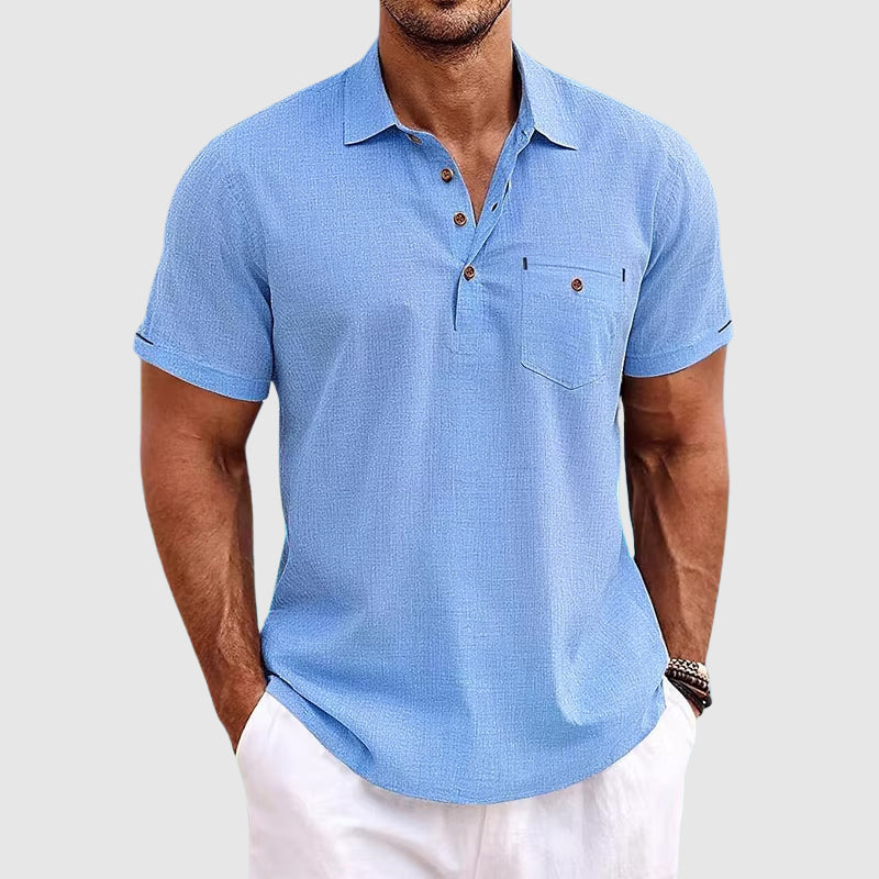 Polo en lin à manches courtes pour hommes, bouton en corne, poche poitrine, coupe décontractée
