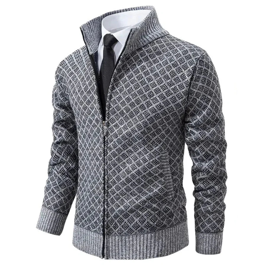 Men's Textured Zip Up Cardigan Stand Collar Slim Fit Knitted Jacket