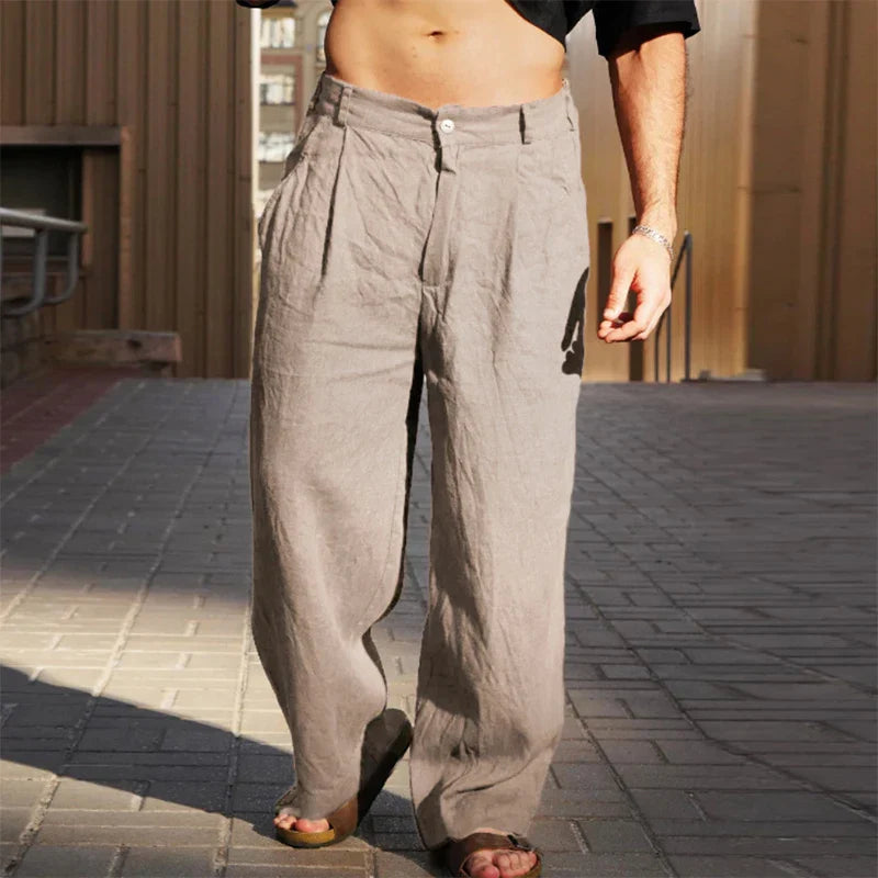 Men's Wide Leg Linen Trousers Pleated Front Button Closure