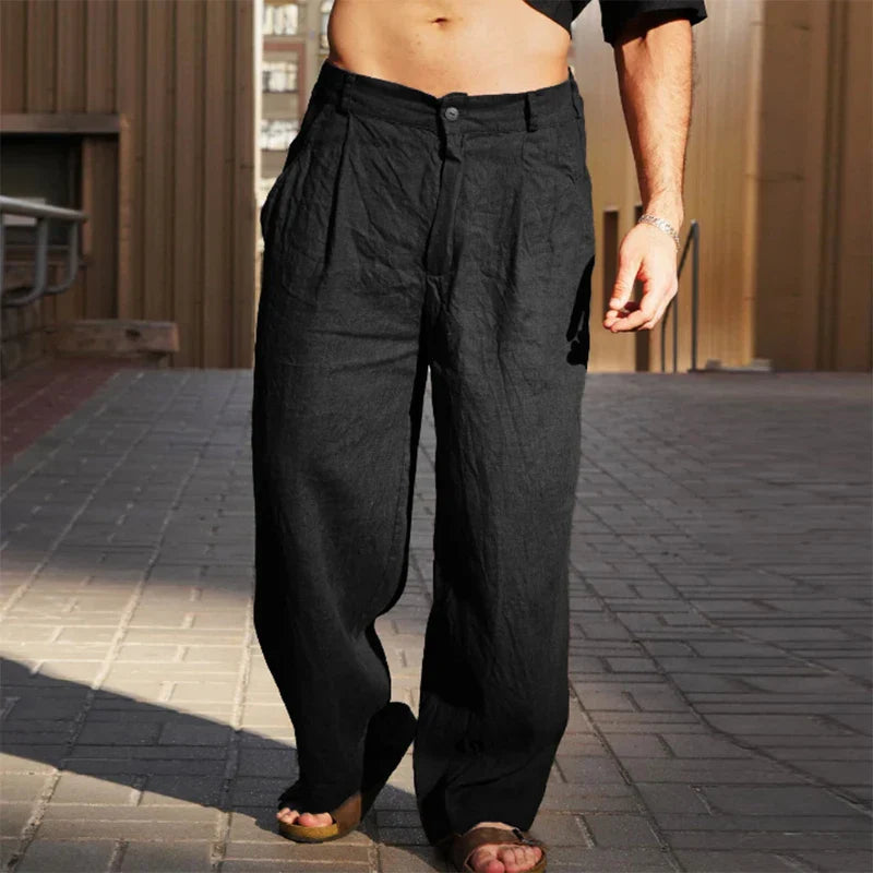 Men's Wide Leg Linen Trousers Pleated Front Button Closure