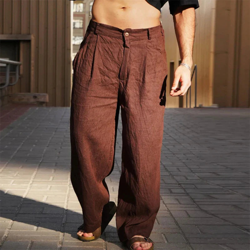 Men's Wide Leg Linen Trousers Pleated Front Button Closure