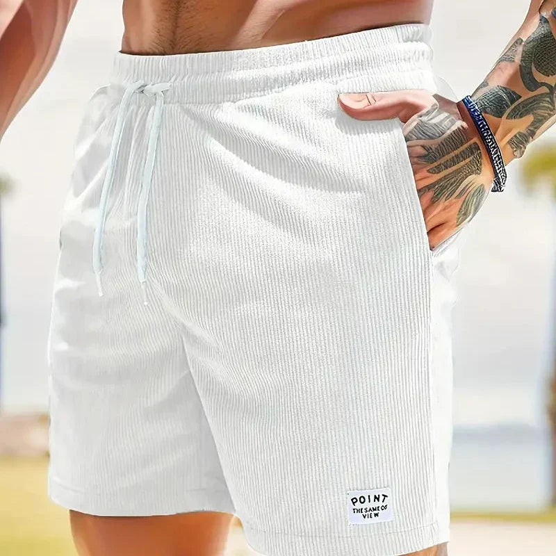 Shorts à cordon côtelés pour hommes en mélange de coton, coupe décontractée, mi-cuisse, poche avant, décontracté