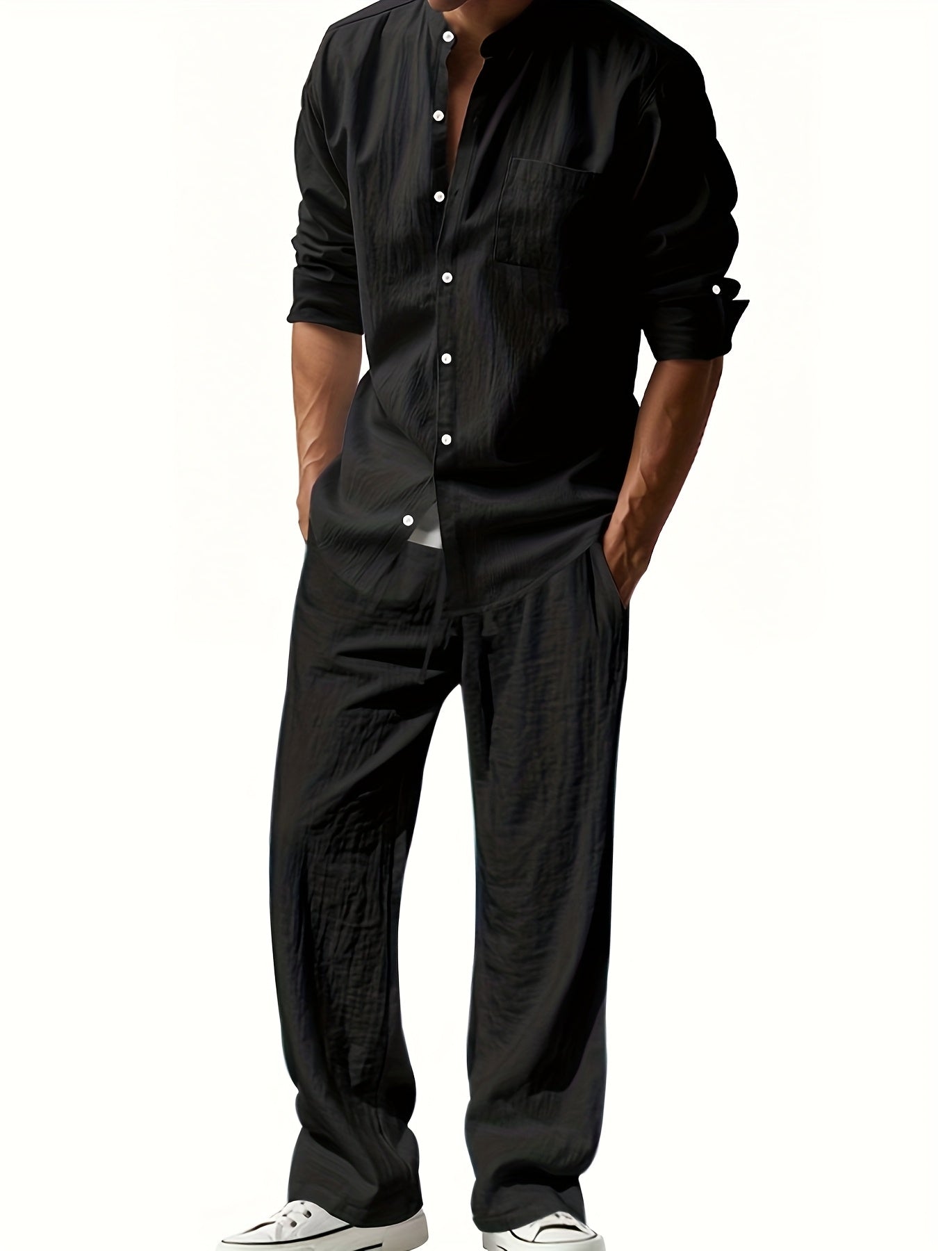 Men's Linen Shirt Trousers Set Stand Collar