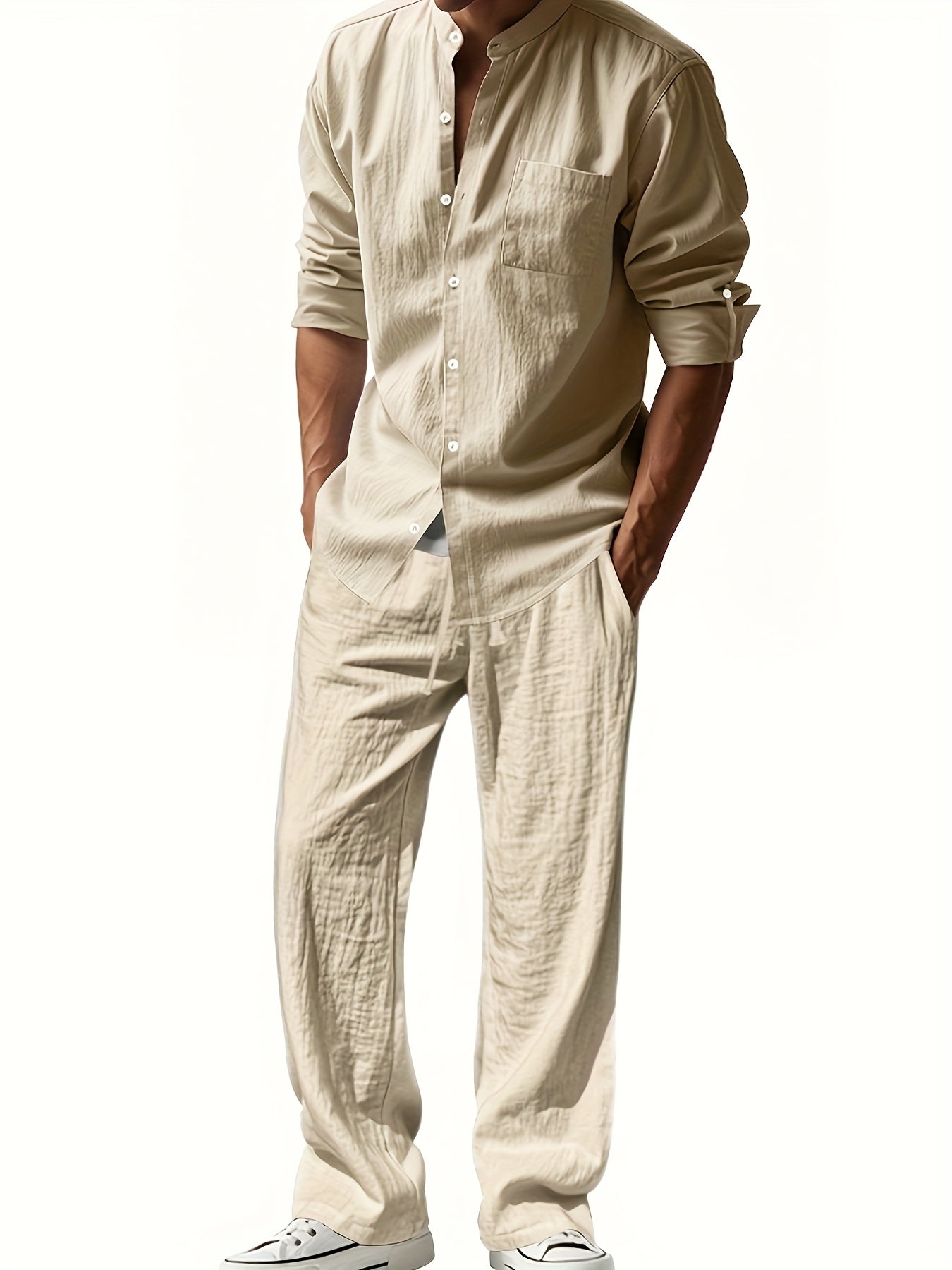 Men's Linen Shirt Trousers Set Stand Collar