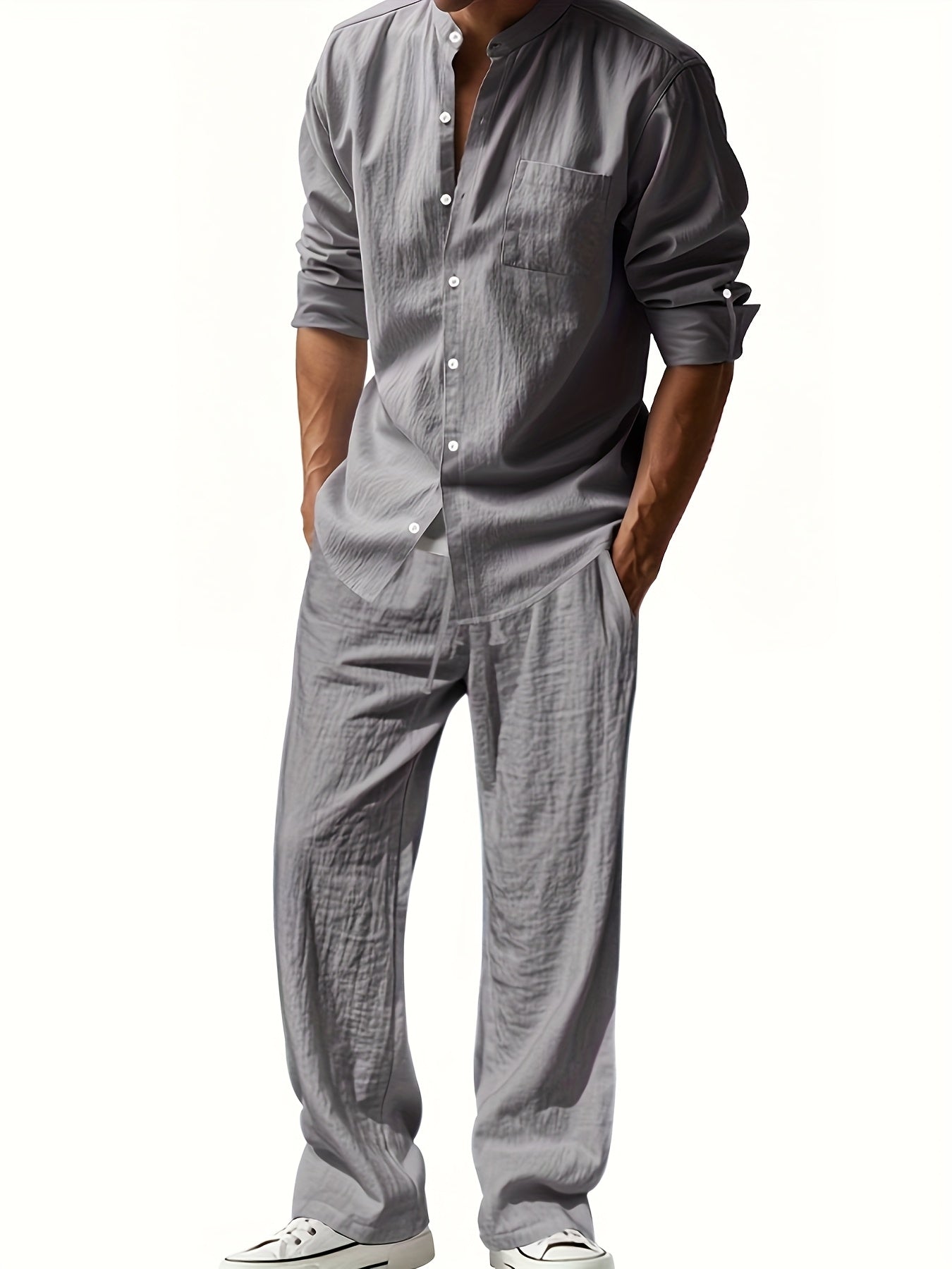 Men's Linen Shirt Trousers Set Stand Collar