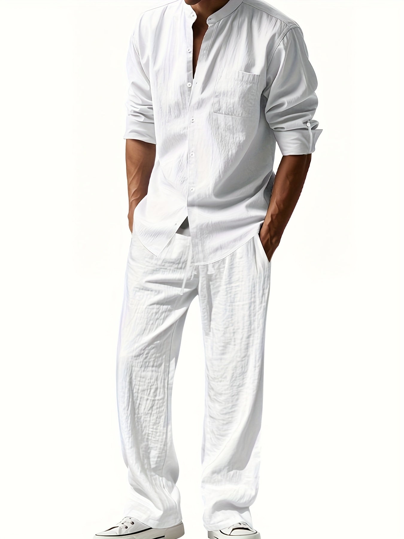 Men's Linen Shirt Trousers Set Stand Collar