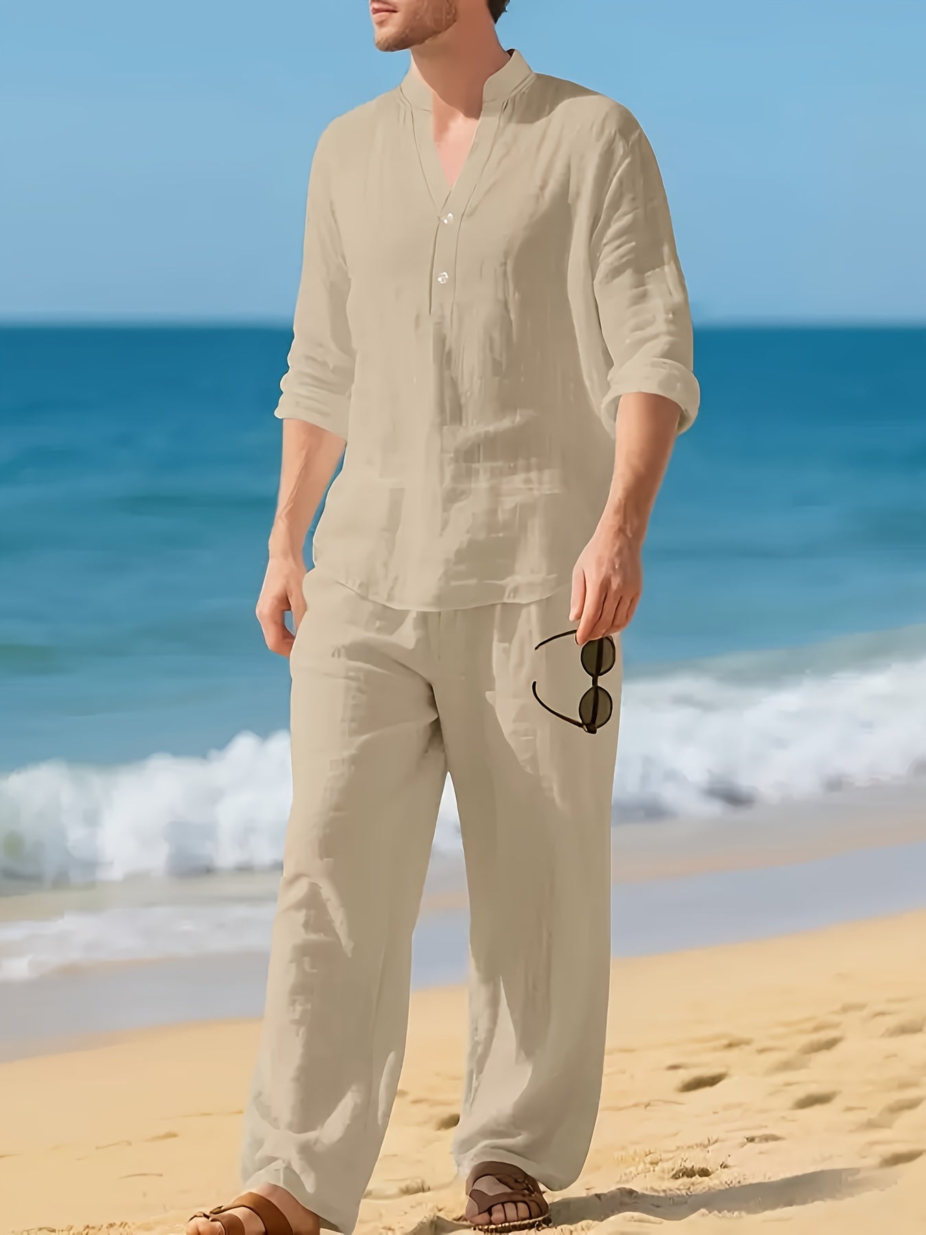 Men's Two Piece Set Linen Henley Relaxed Pants Casual Wear