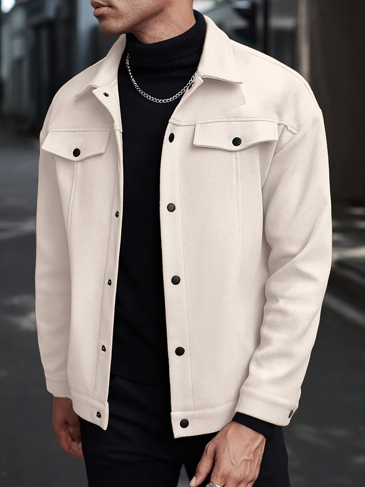 Men's Trucker Jacket Snap Button Textured Chest Pockets Slim Fit