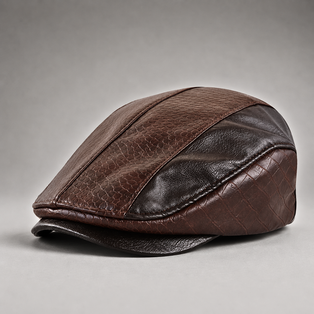Men's Leather Flat Cap Textured Panels Adjustable Driving Cap