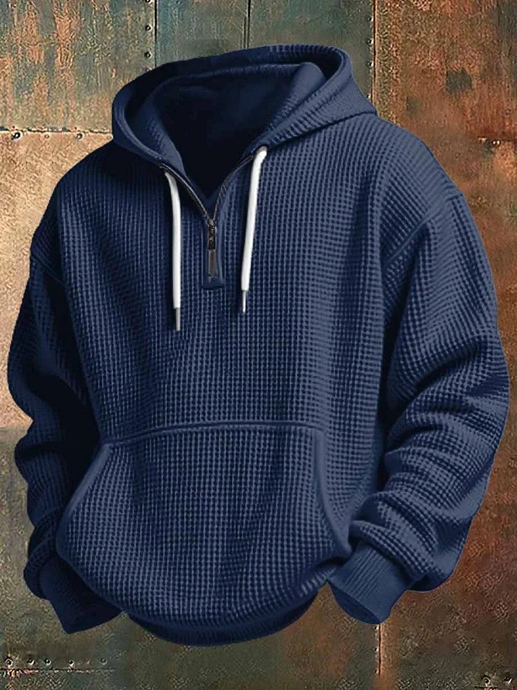 Men's Waffle Knit Quarter Zip Hoodie Kangaroo Pocket Drawstring Hood