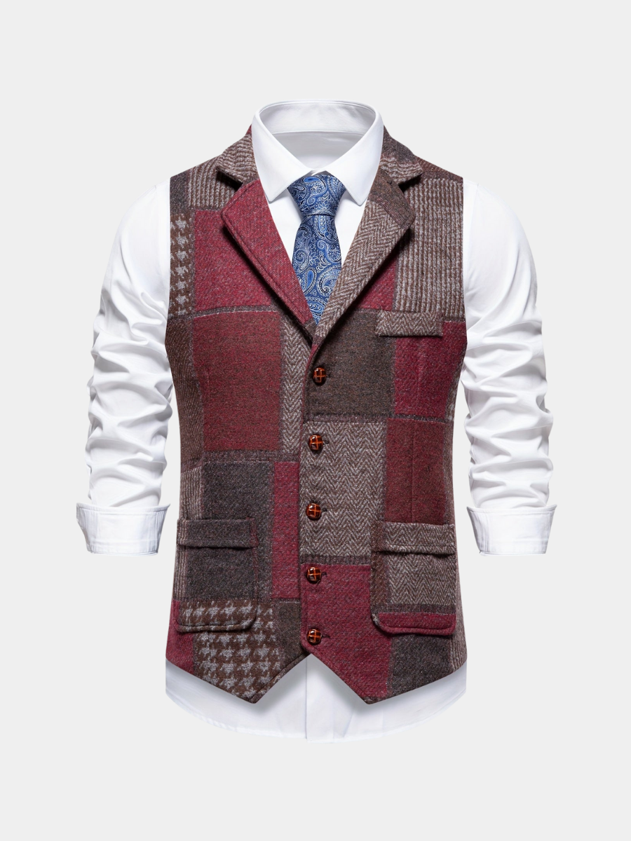 Patchwork Suit Vest Men Vintage Tweed Waistcoat
