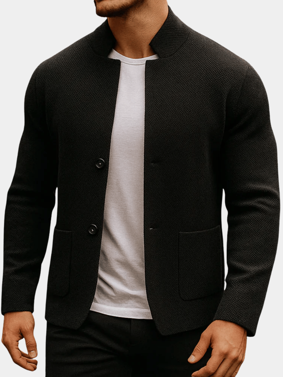 Men's Knitted Jacket Stand Collar Textured Knit Button Front Cardigan