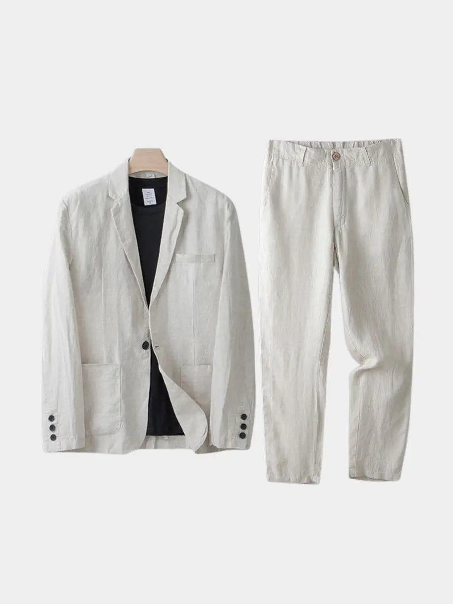 Linen Blend Suit Set Men Linen Blend Notch Lapel Relaxed Fit Elasticated Waist Trouser