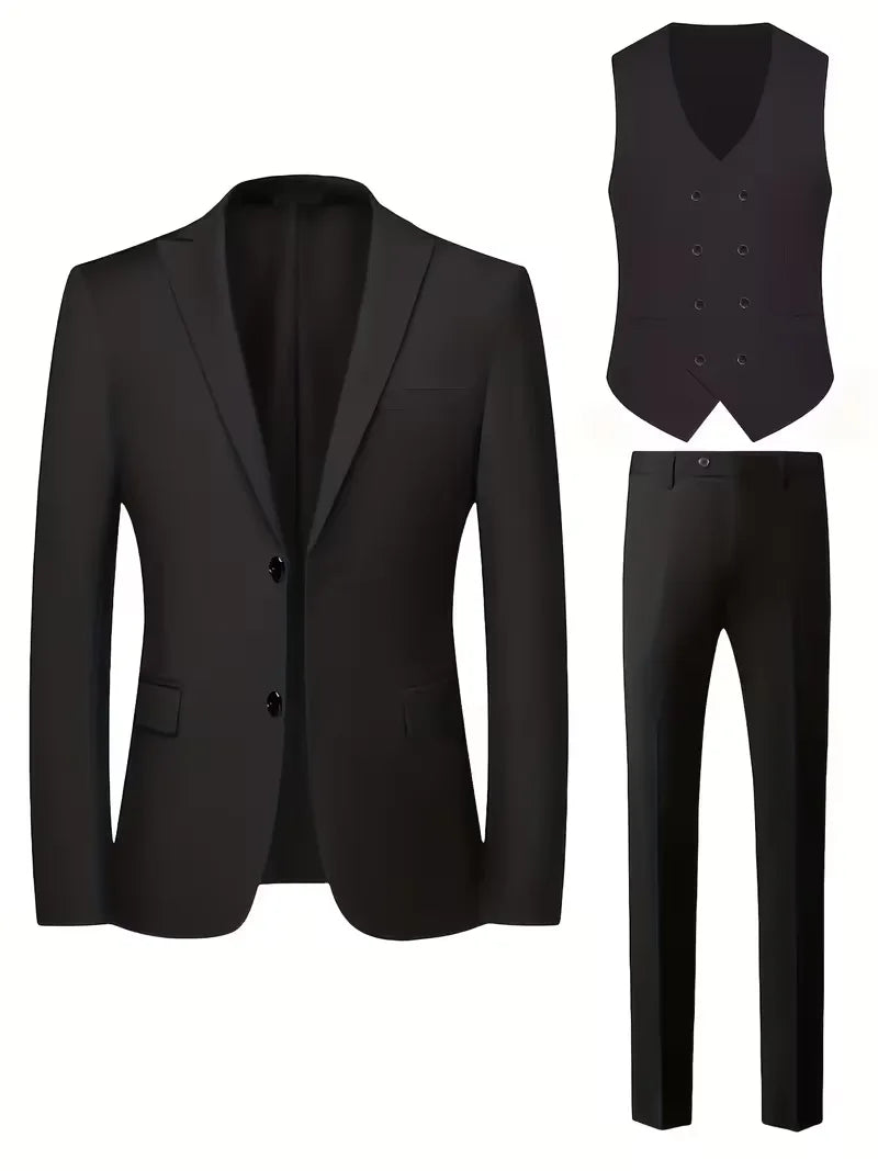 Three Piece Suit Set Men Woven Fabric Slim Fit Double Breasted Waistcoat Formal