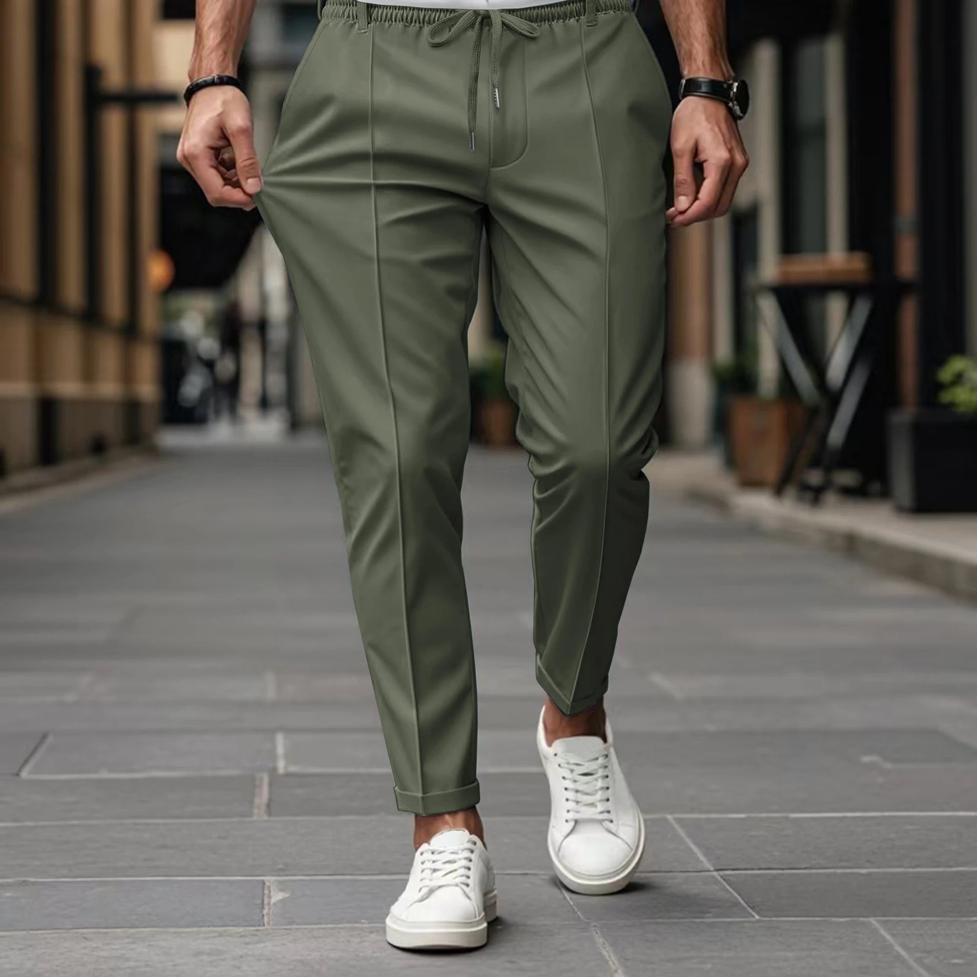 Chino Trousers Cotton Slim Fit Drawstring Waist Tapered Leg