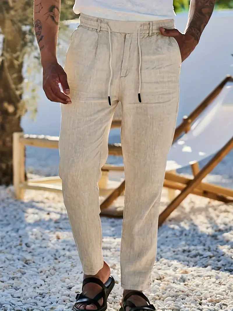 Trousers Linen Straight Fit Elasticated Drawstring Waist
