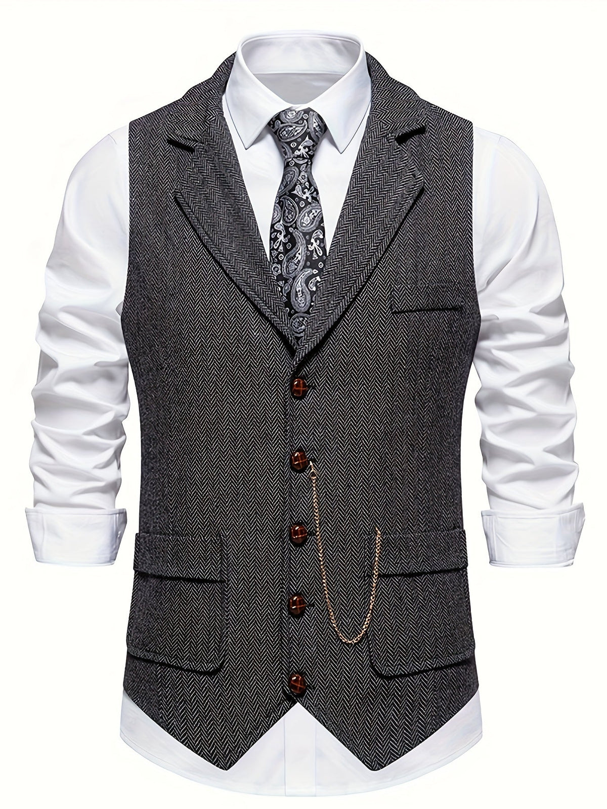 Men's Waistcoat Notch Lapel Chain Accent Button Front Textured