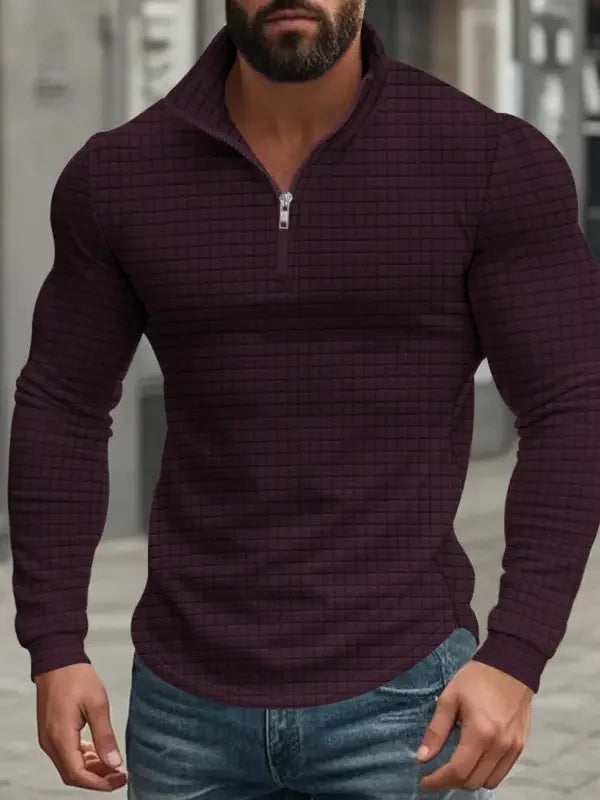 Men's Half Zip Jumper Stand Collar Textured Knit Slim Fit
