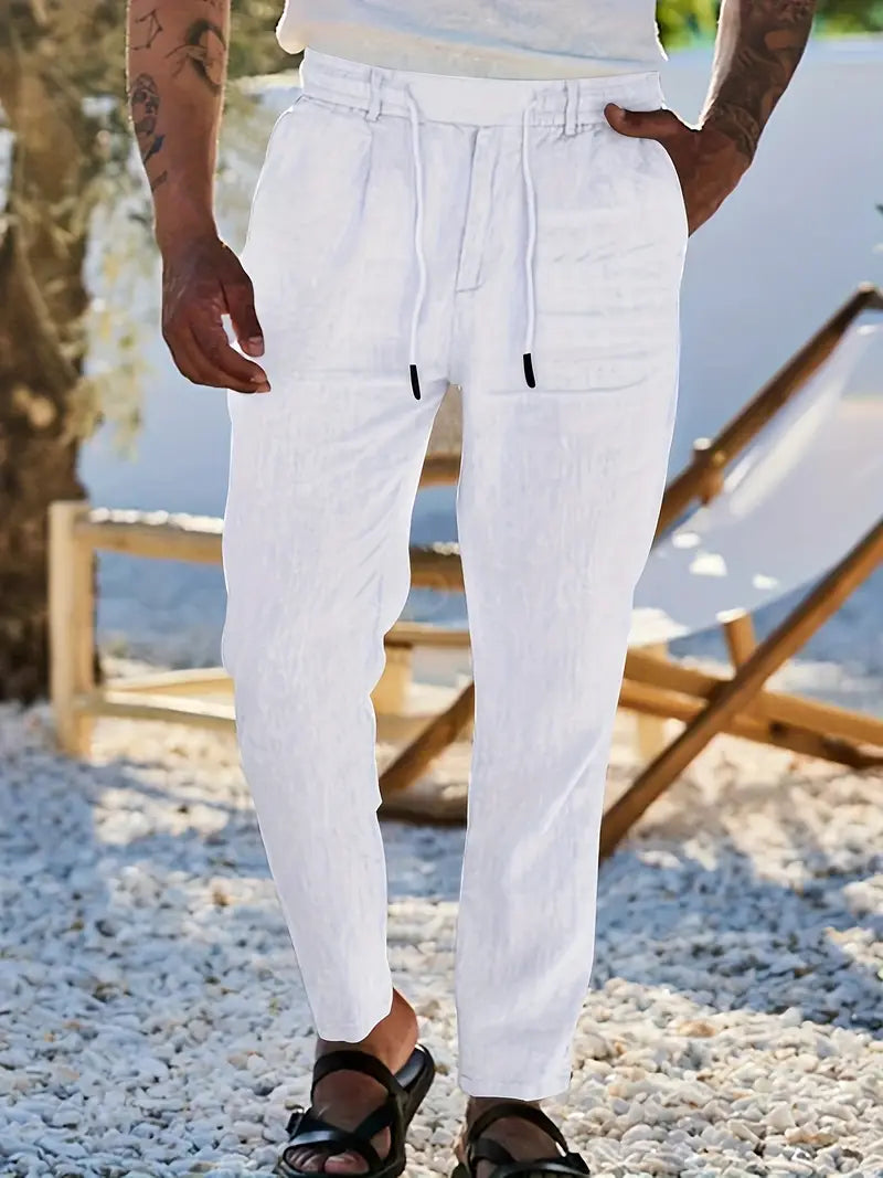 Trousers Linen Straight Fit Elasticated Drawstring Waist