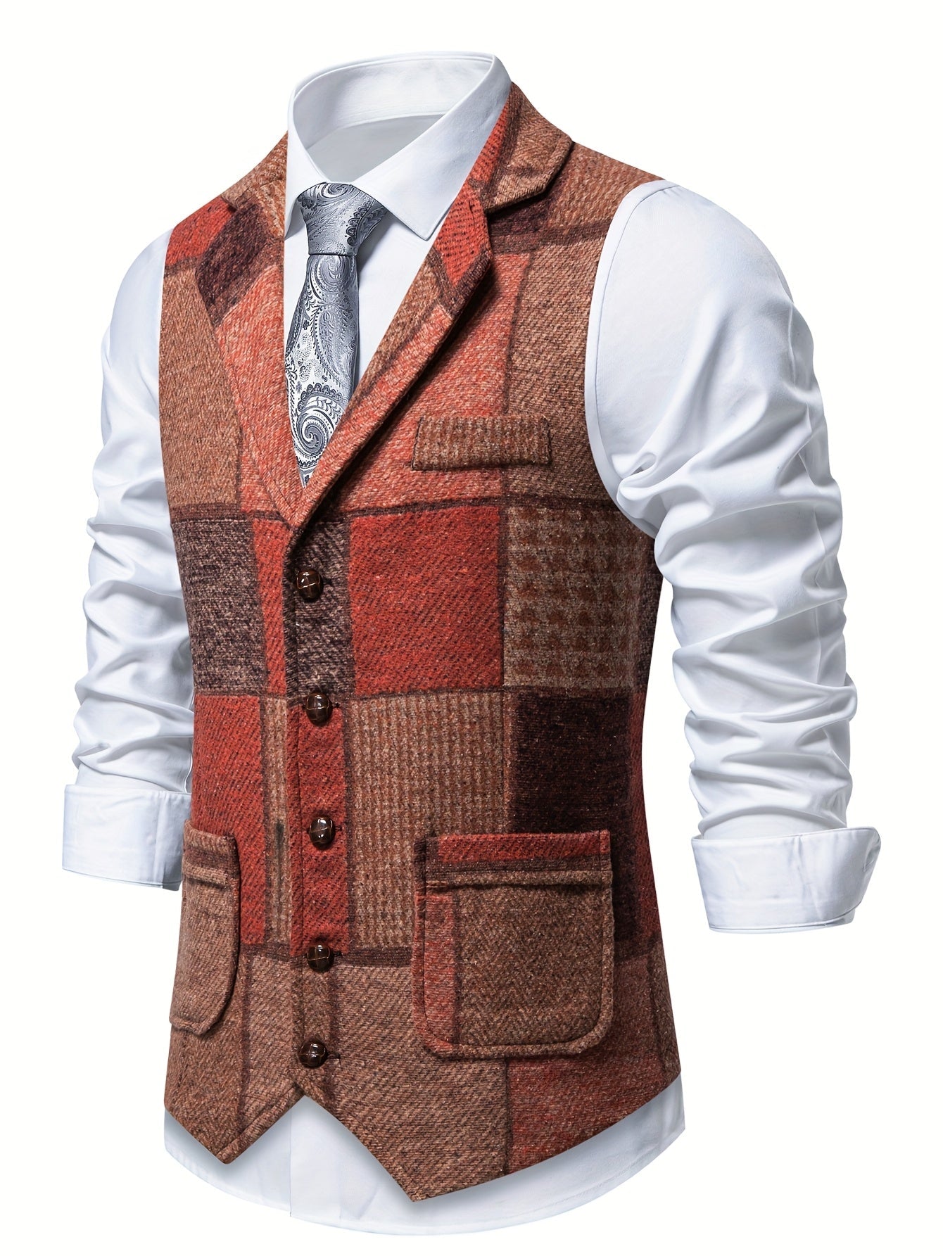 Patchwork Suit Vest Men Vintage Tweed Waistcoat