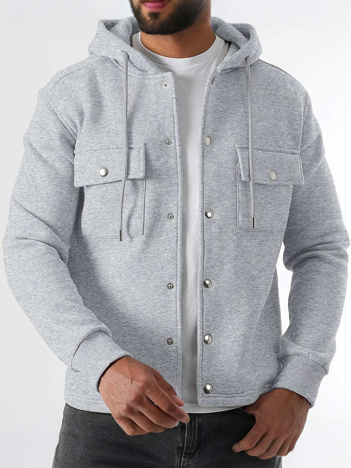 Men's Hooded Overshirt Knitted Shacket Chest Pockets Button Front