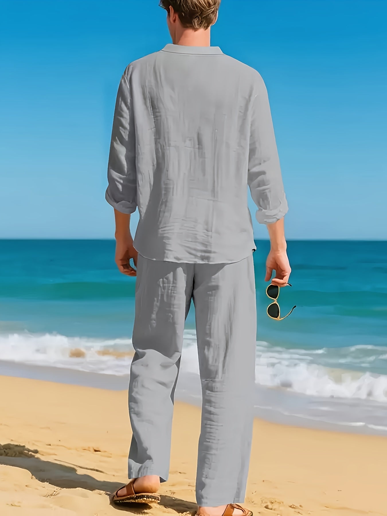 Men's Two Piece Set Linen Henley Relaxed Pants Casual Wear