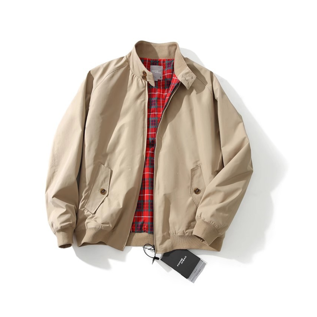Men's Harrington Jacket with Buttoned Collar and Tartan-Pattern Lining