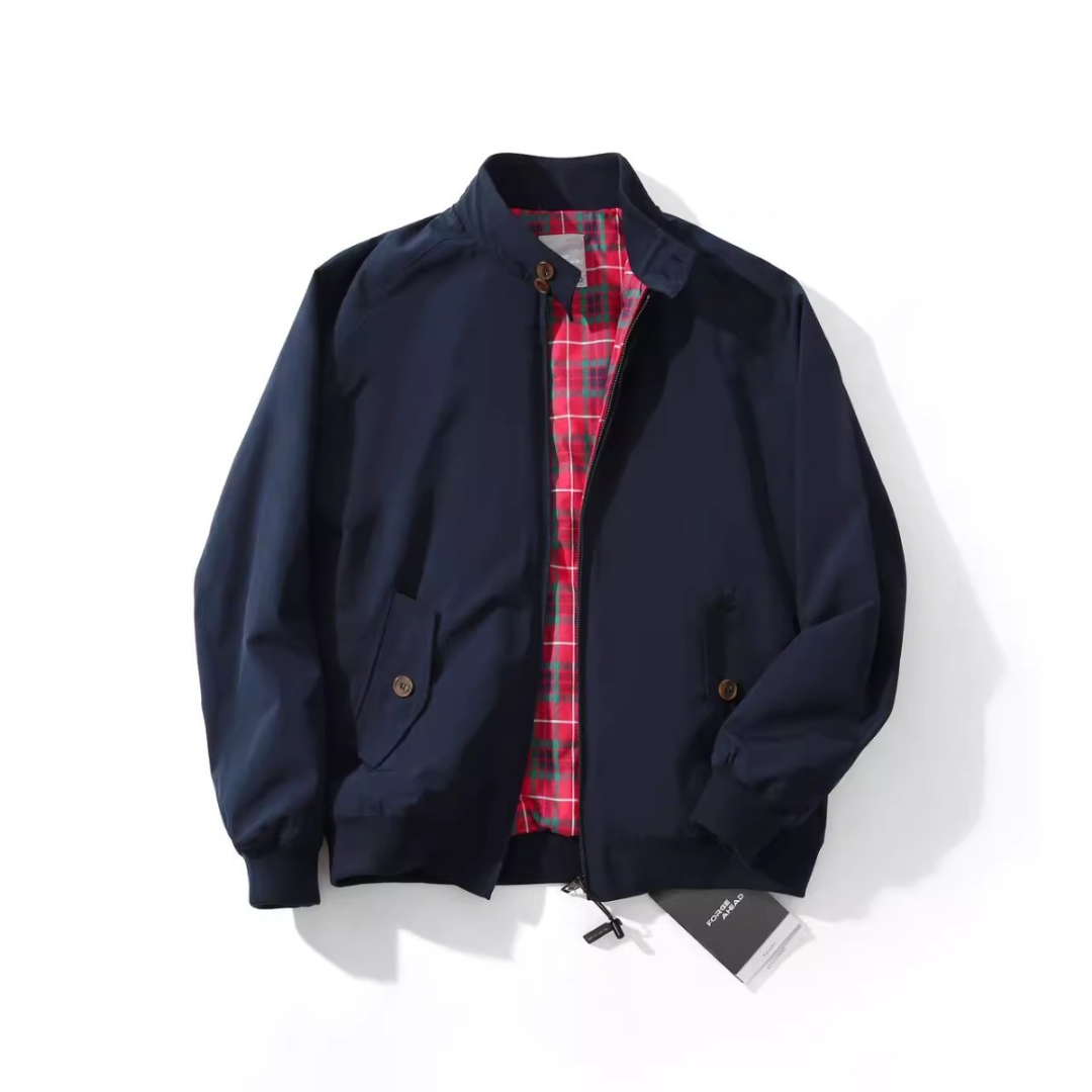 Men's Harrington Jacket with Buttoned Collar and Tartan-Pattern Lining