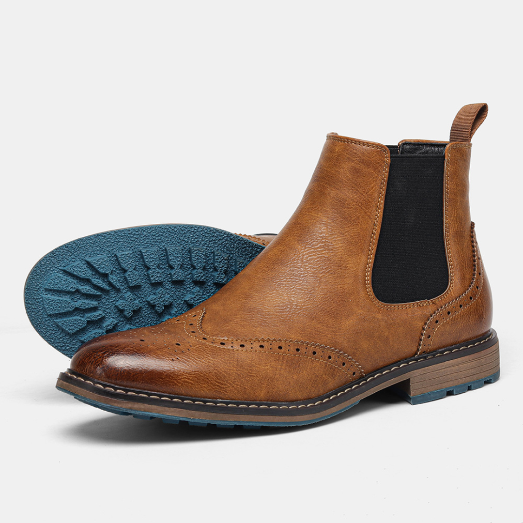 Men's Brogue Chelsea Boots with Elastic Side Panels and Round Toe