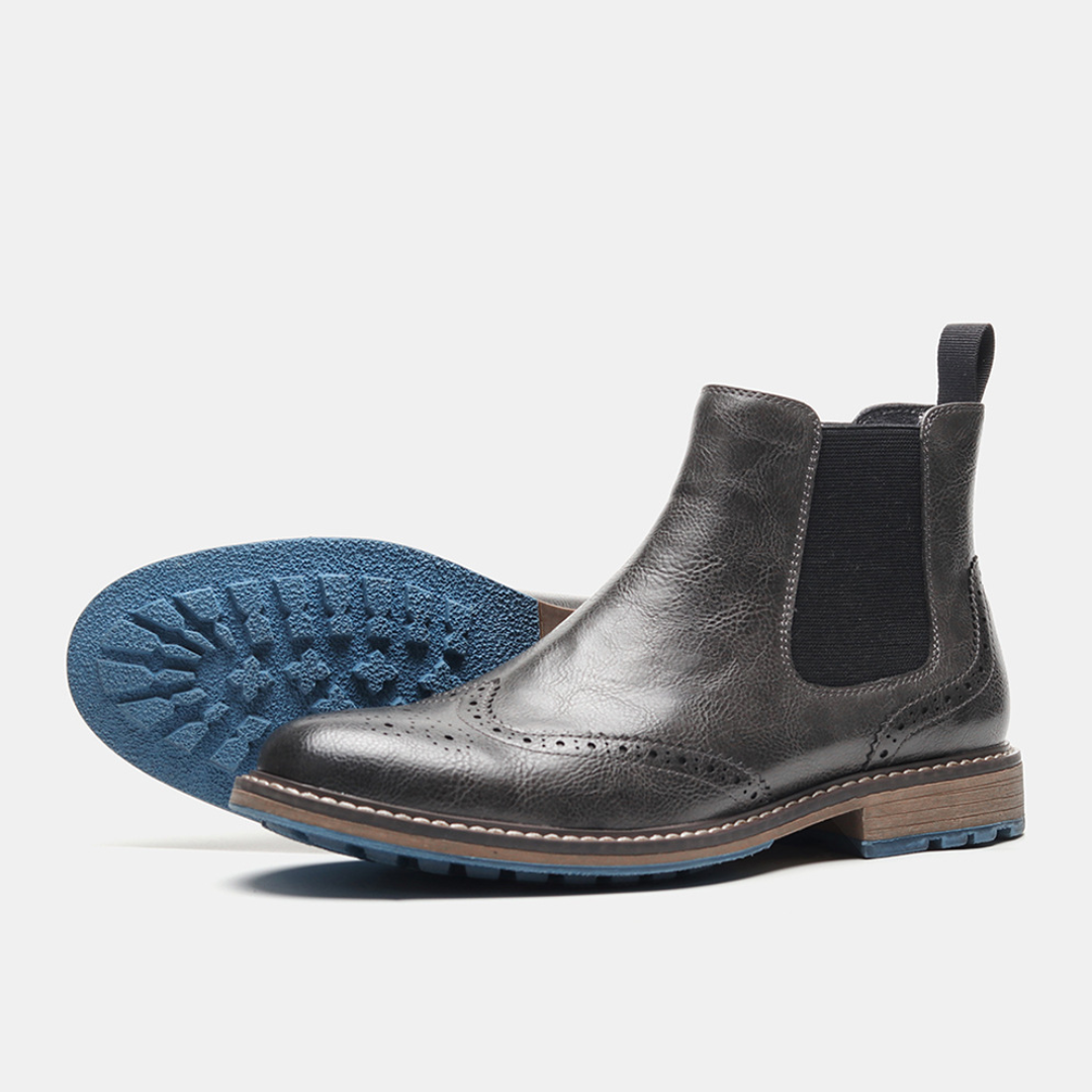 Men's Brogue Chelsea Boots with Elastic Side Panels and Round Toe
