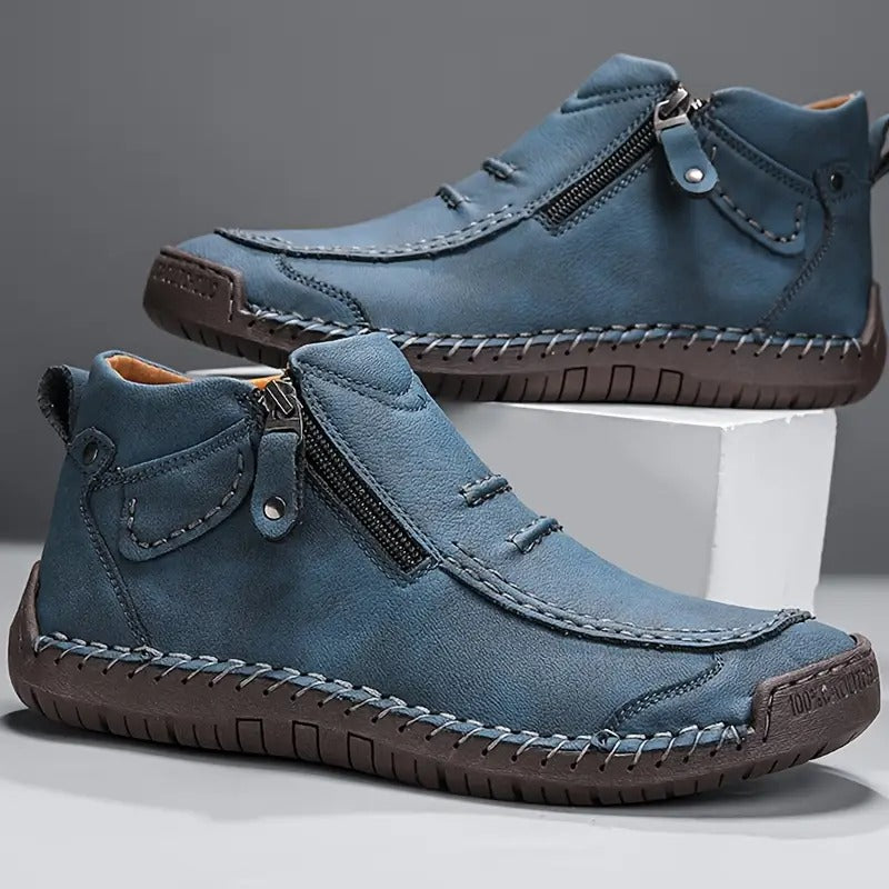 Men's Side Zip Ankle Boots with Padded Collar and Visible Stitch Detailing
