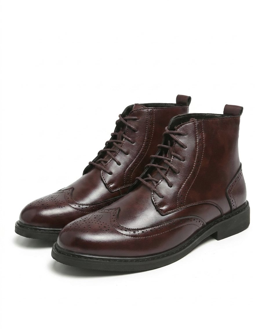 Men's Brogue Ankle Boots with Perforated Detailing and Round Toe