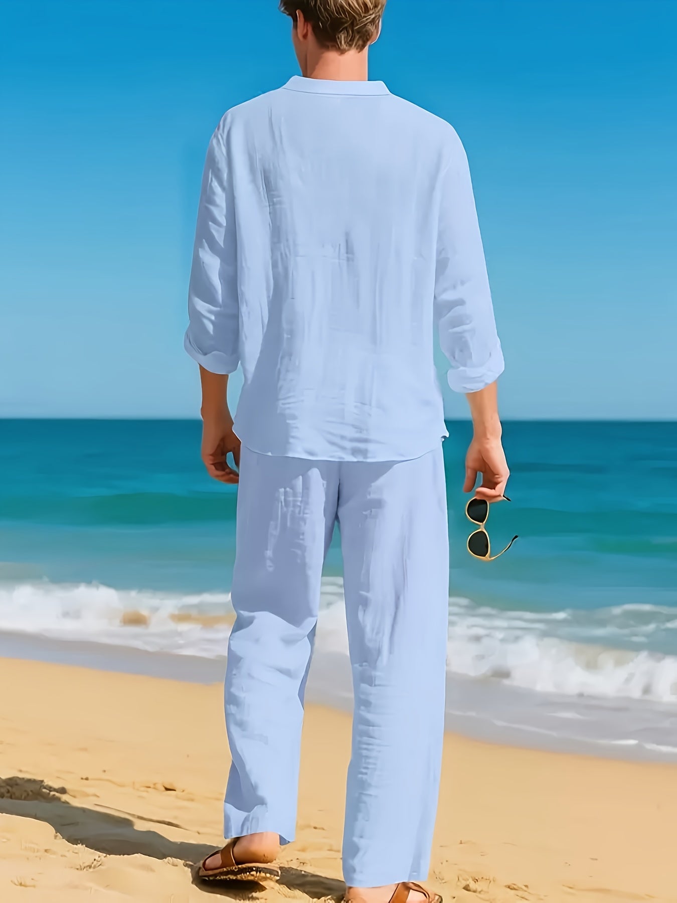 Men's Two Piece Set Linen Henley Relaxed Pants Casual Wear