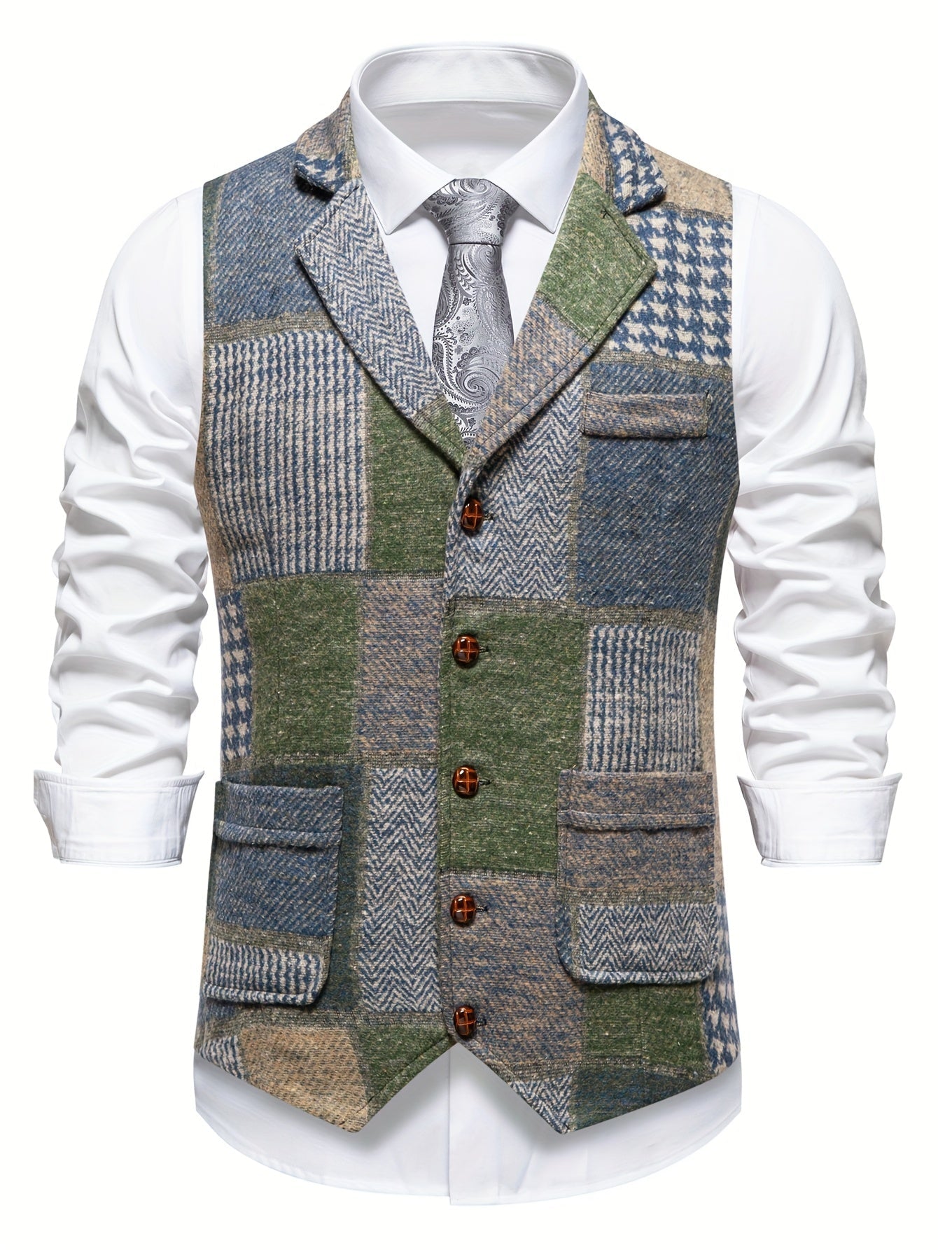 Patchwork Suit Vest Men Vintage Tweed Waistcoat