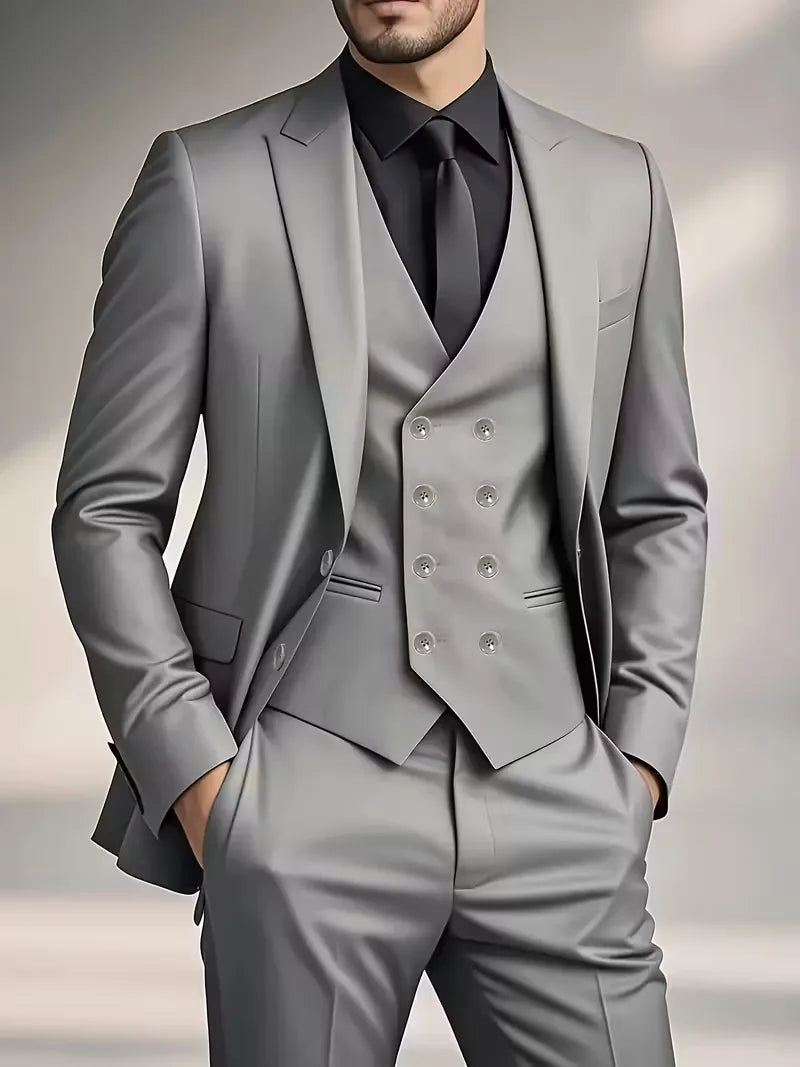 Three Piece Suit Set Men Woven Fabric Slim Fit Double Breasted Waistcoat Formal