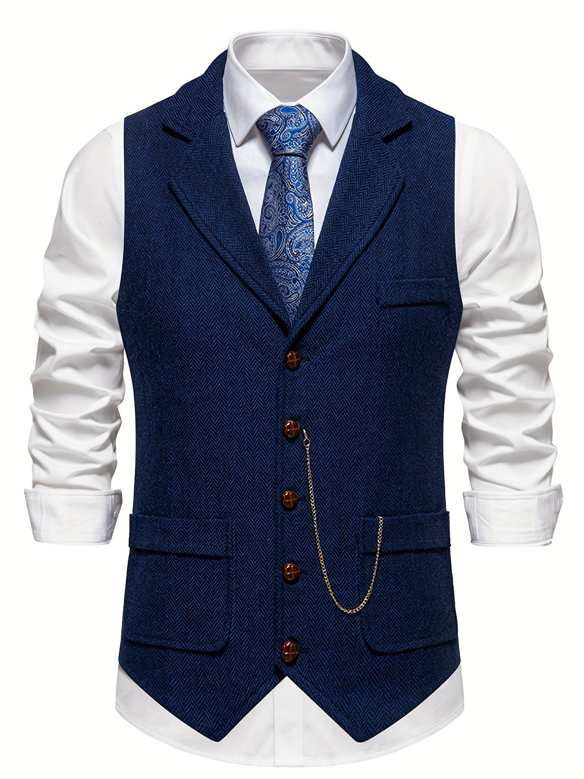 Men's Waistcoat Notch Lapel Chain Accent Button Front Textured