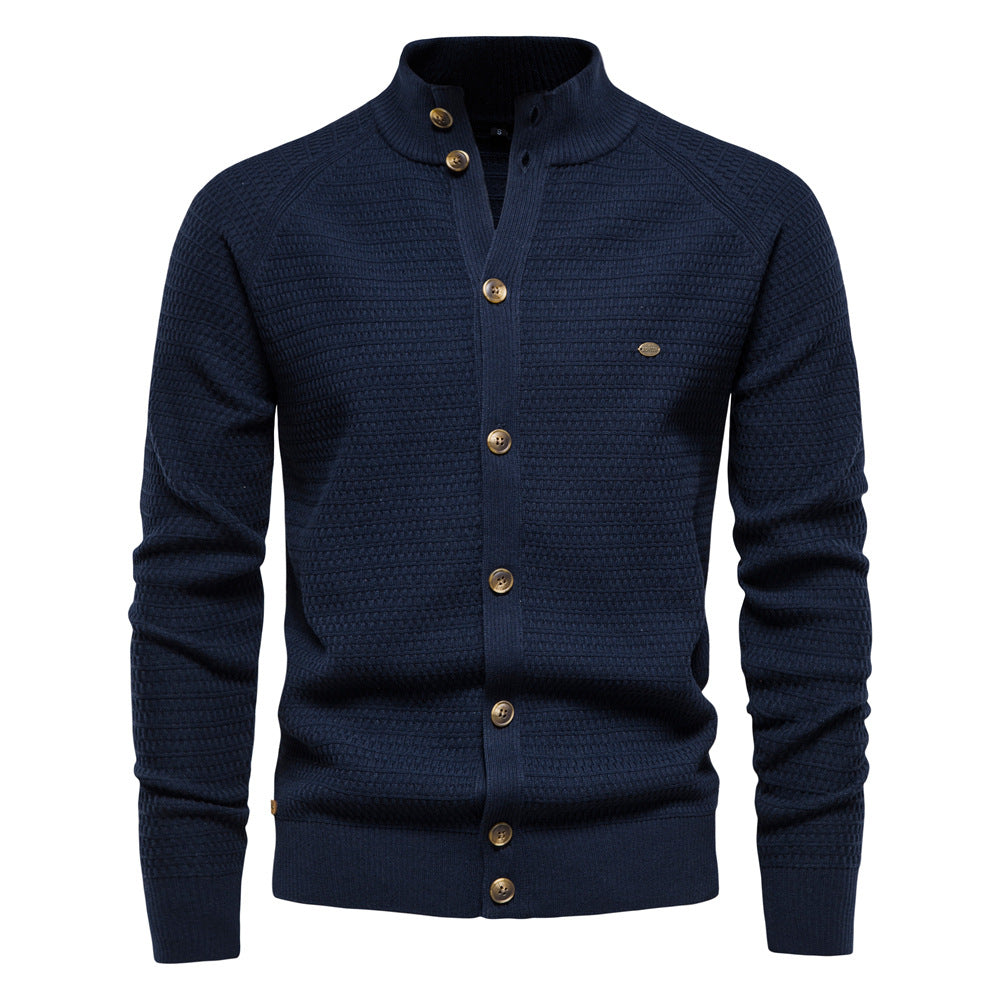 Men's Stand Collar Cardigan Textured Knit with Button Front