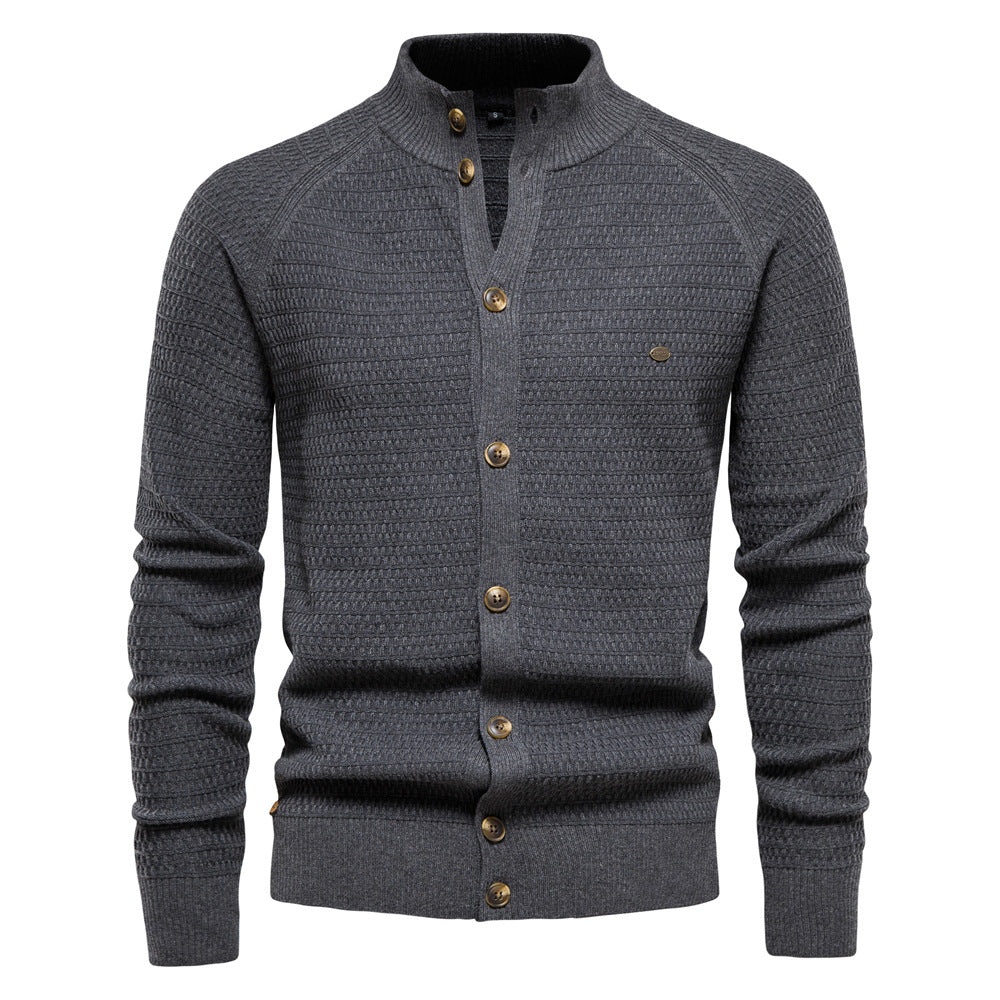 Men's Stand Collar Cardigan Textured Knit with Button Front