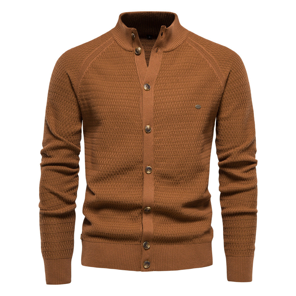 Men's Stand Collar Cardigan Textured Knit with Button Front