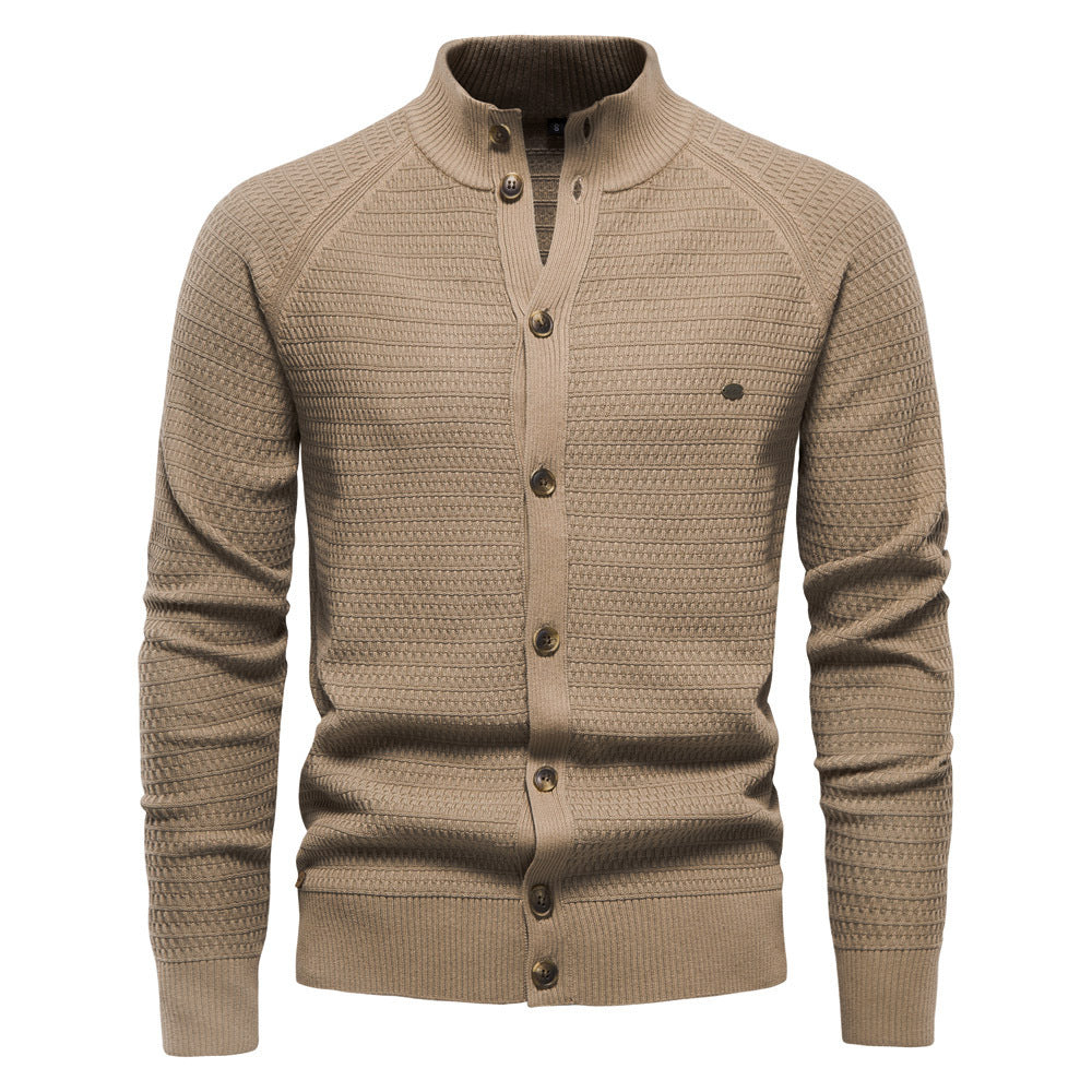 Men's Stand Collar Cardigan Textured Knit with Button Front