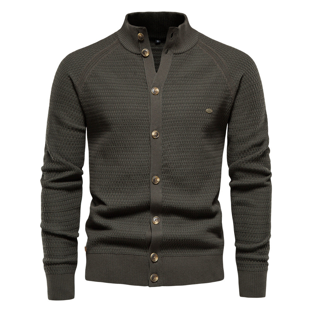 Men's Stand Collar Cardigan Textured Knit with Button Front